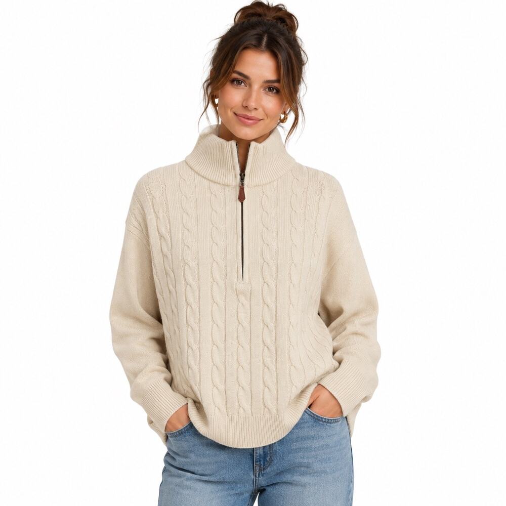 Dokotoo Women’s Cream Cable Knit Half Zip Sweater Large Pullover